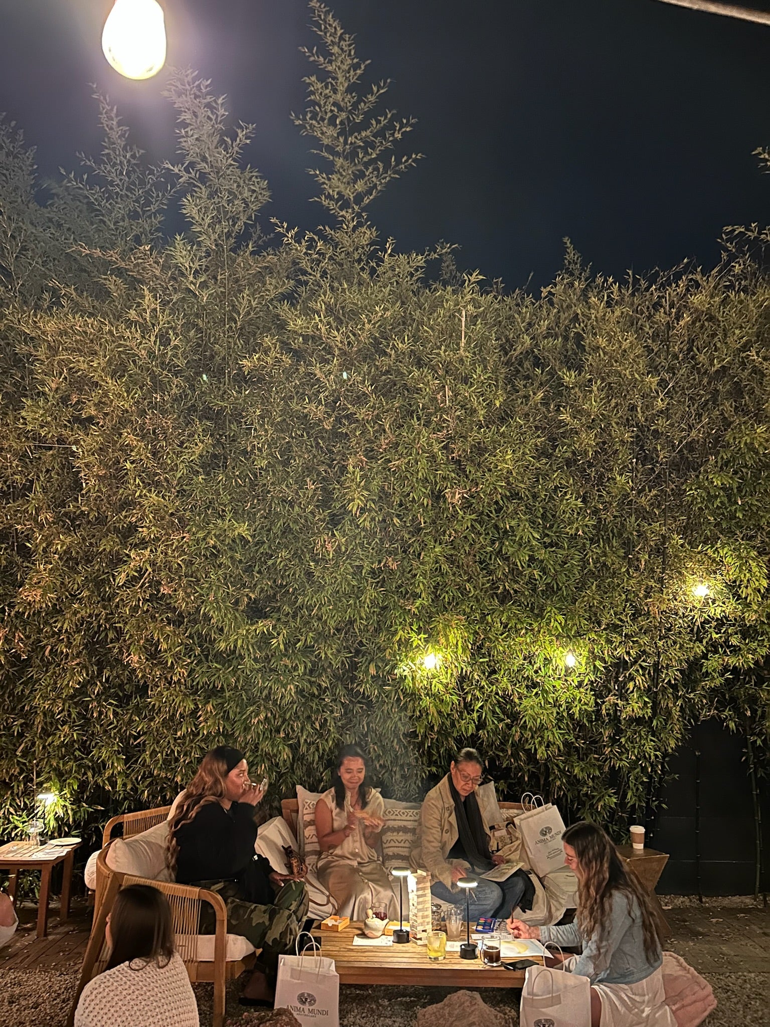 Group of people sitting outdoors at night under a tree with a full moon.