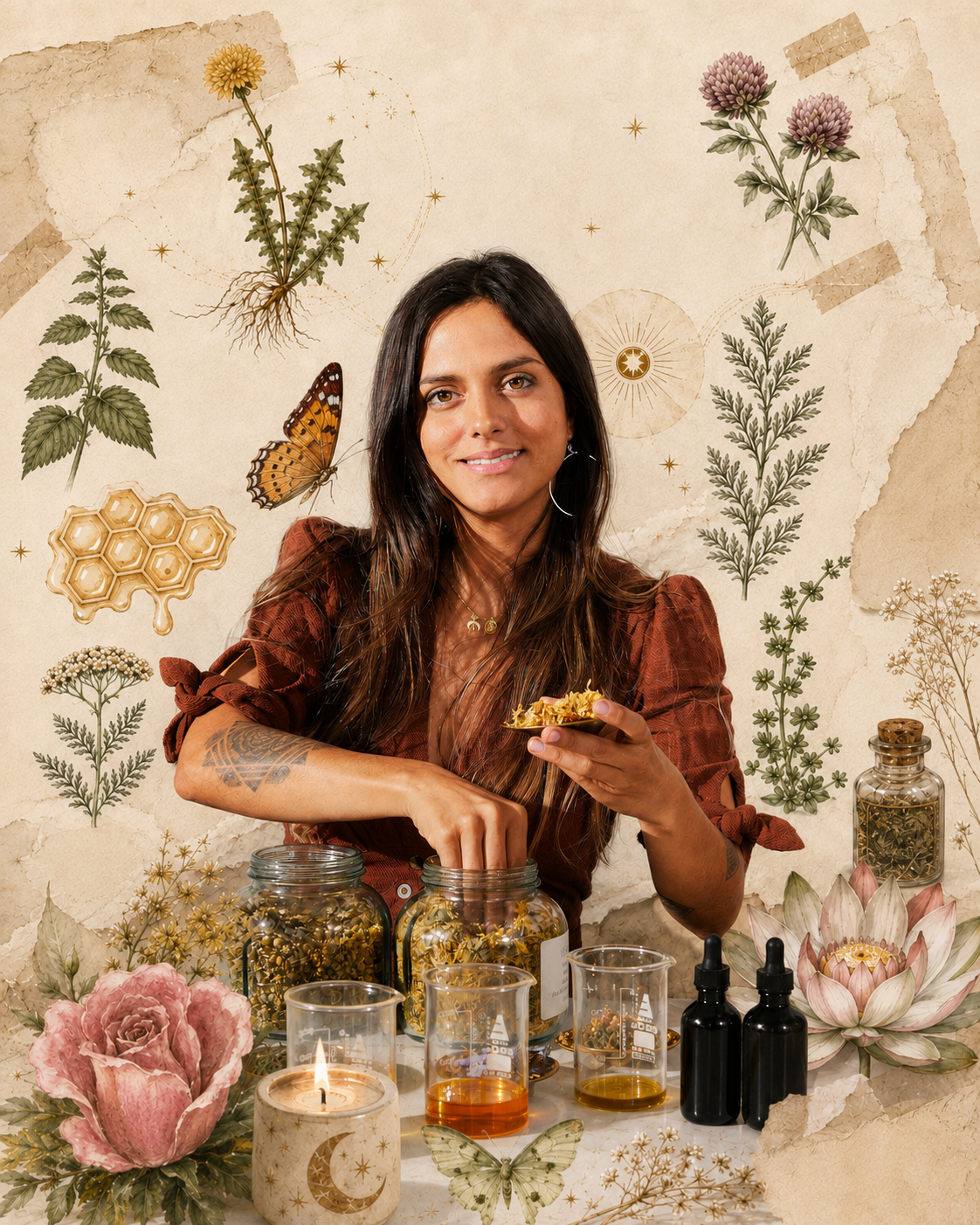 A woman with long dark hair sits behind a table decorated with dried flowers, beeswax jars, small amber dropper bottles, and candles. She holds a small jar in her hand, with a vintage-style botanical collage background featuring illustrated plants, a butterfly, and flowers.