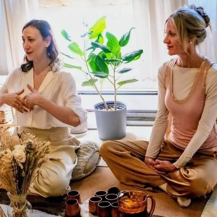Two women sitting on a floor with a plant and cups in a room.