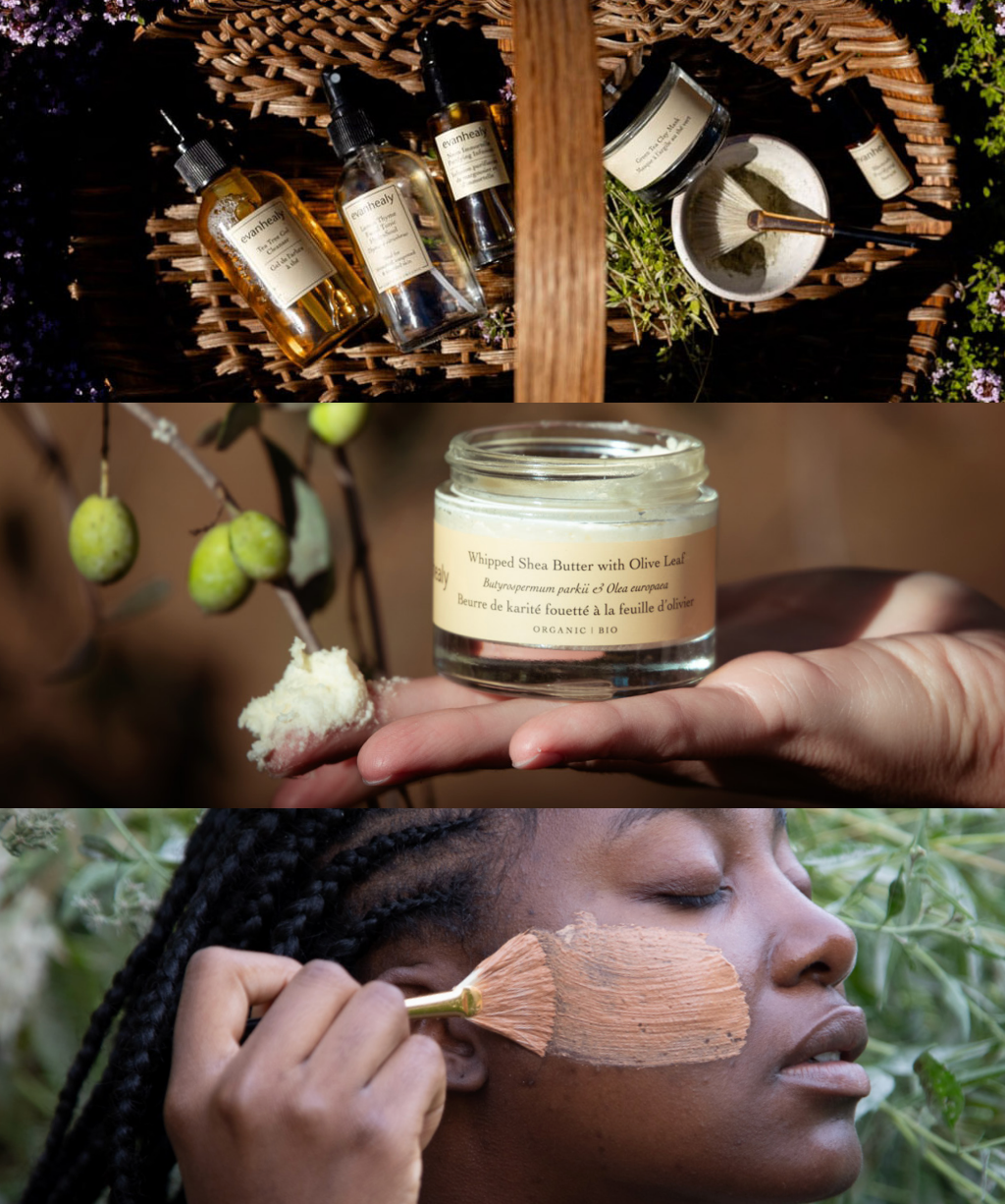 Collage of skincare products, a jar of cream, and a person applying cream to their face.
