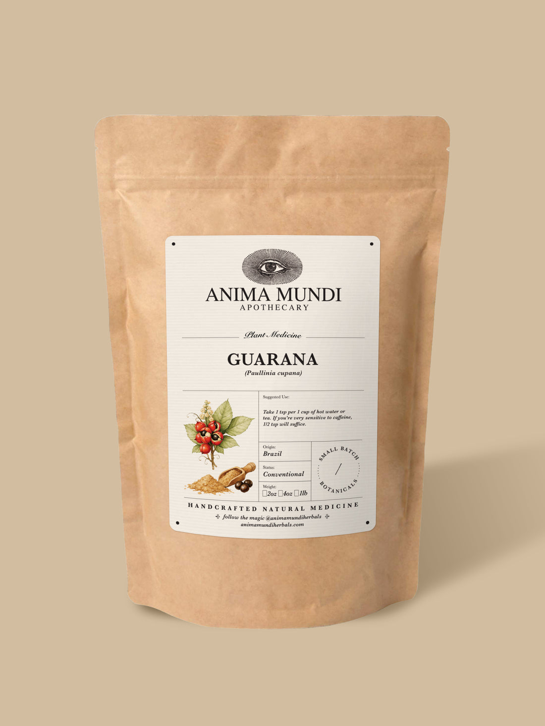 A kraft paper stand-up pouch of Anima Mundi Apothecary Guarana herbal supplement, shown on a solid beige background.