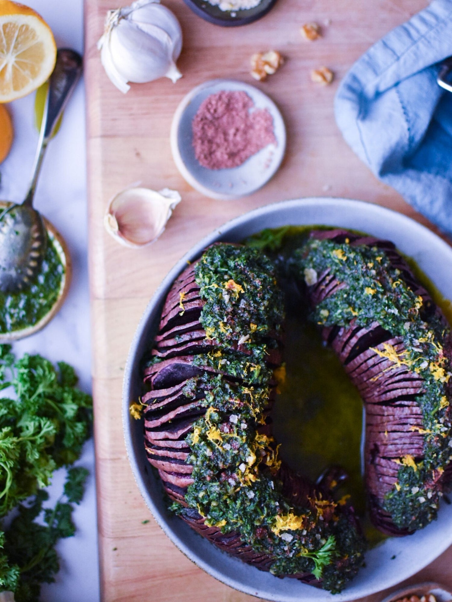 VITALITY GREENS Walnut Pesto on Hassleback Sweet Potatoes Recipe