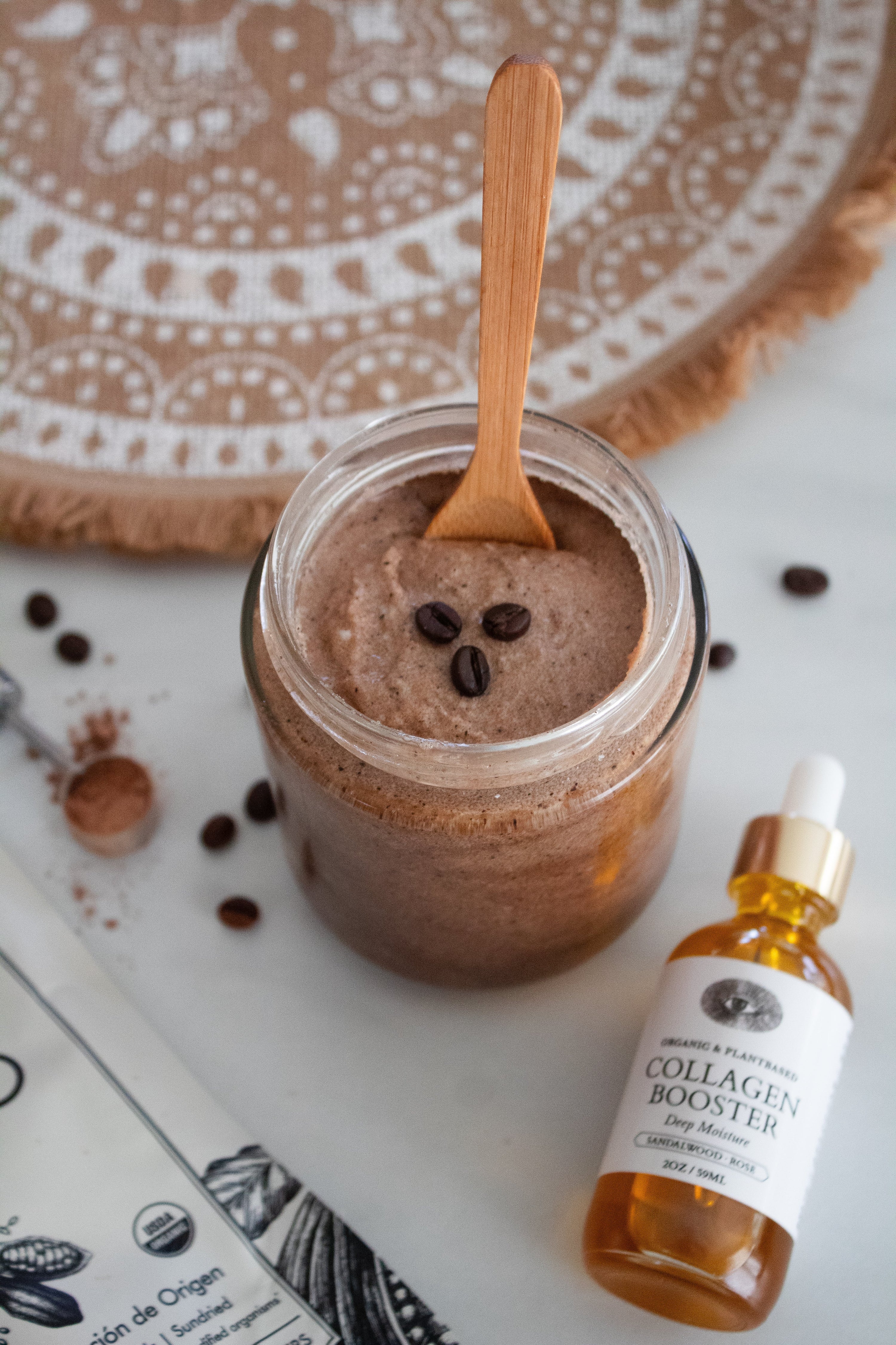 EXFOLIATING COFFEE-CACAO Body Scrub with Collagen Booster Face Oil