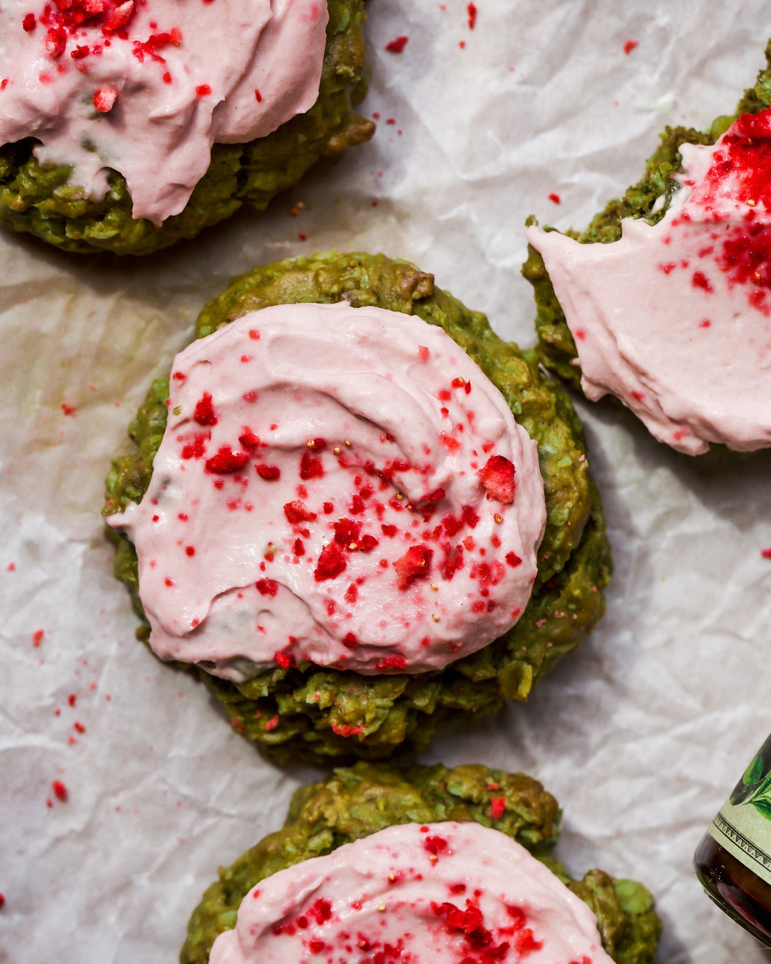 MATCHA OATMEAL COOKIES with Rose Labneh Frosting