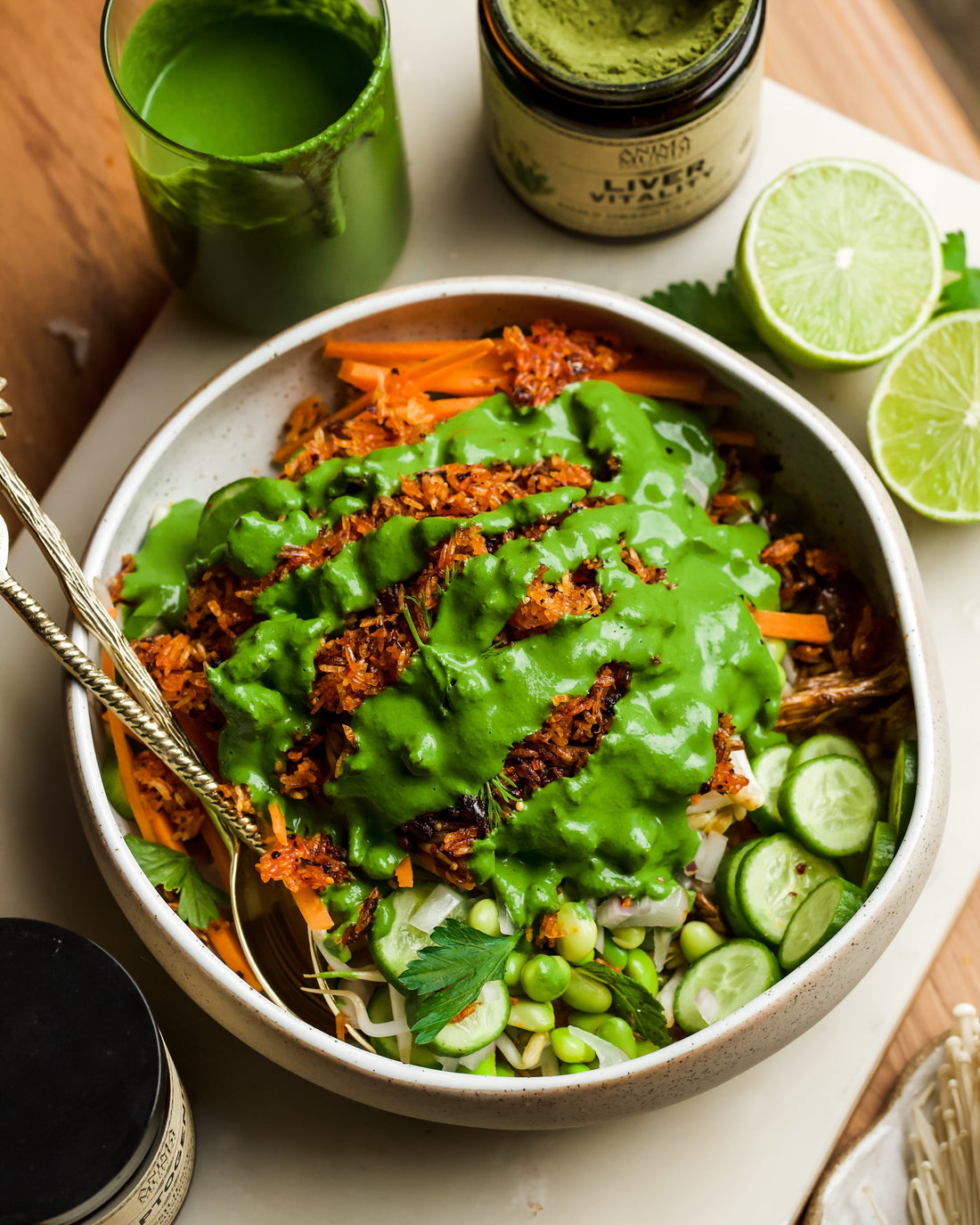 Crispy Rice Mushroom Salad with Green Tahini Dressing