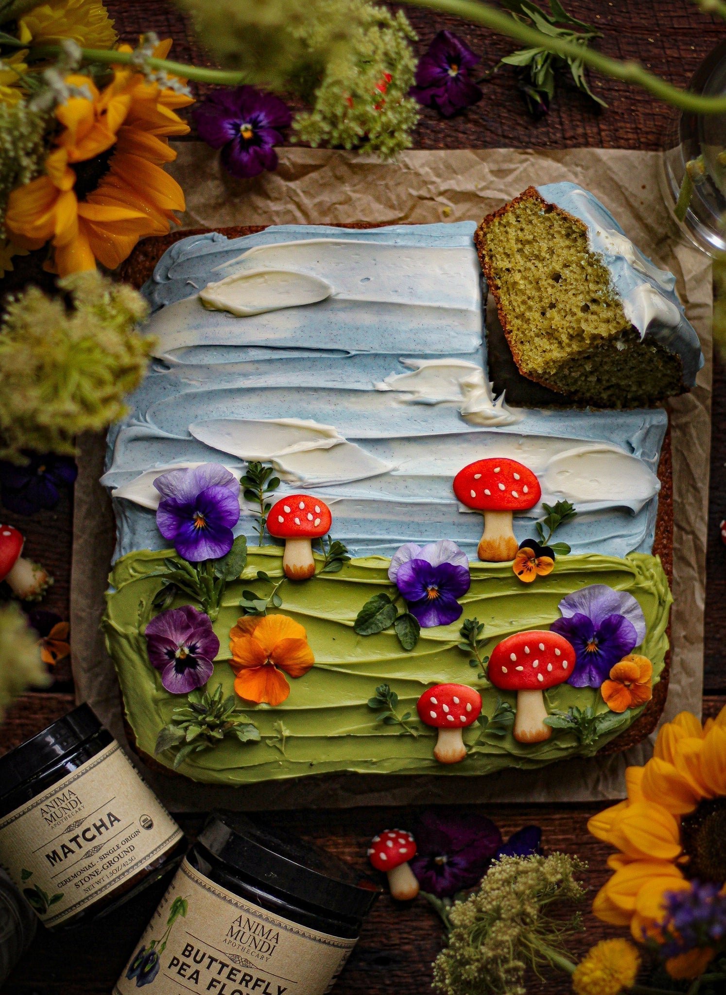 MATCHA MEADOW CAKE With Butterfly Pea Frosting