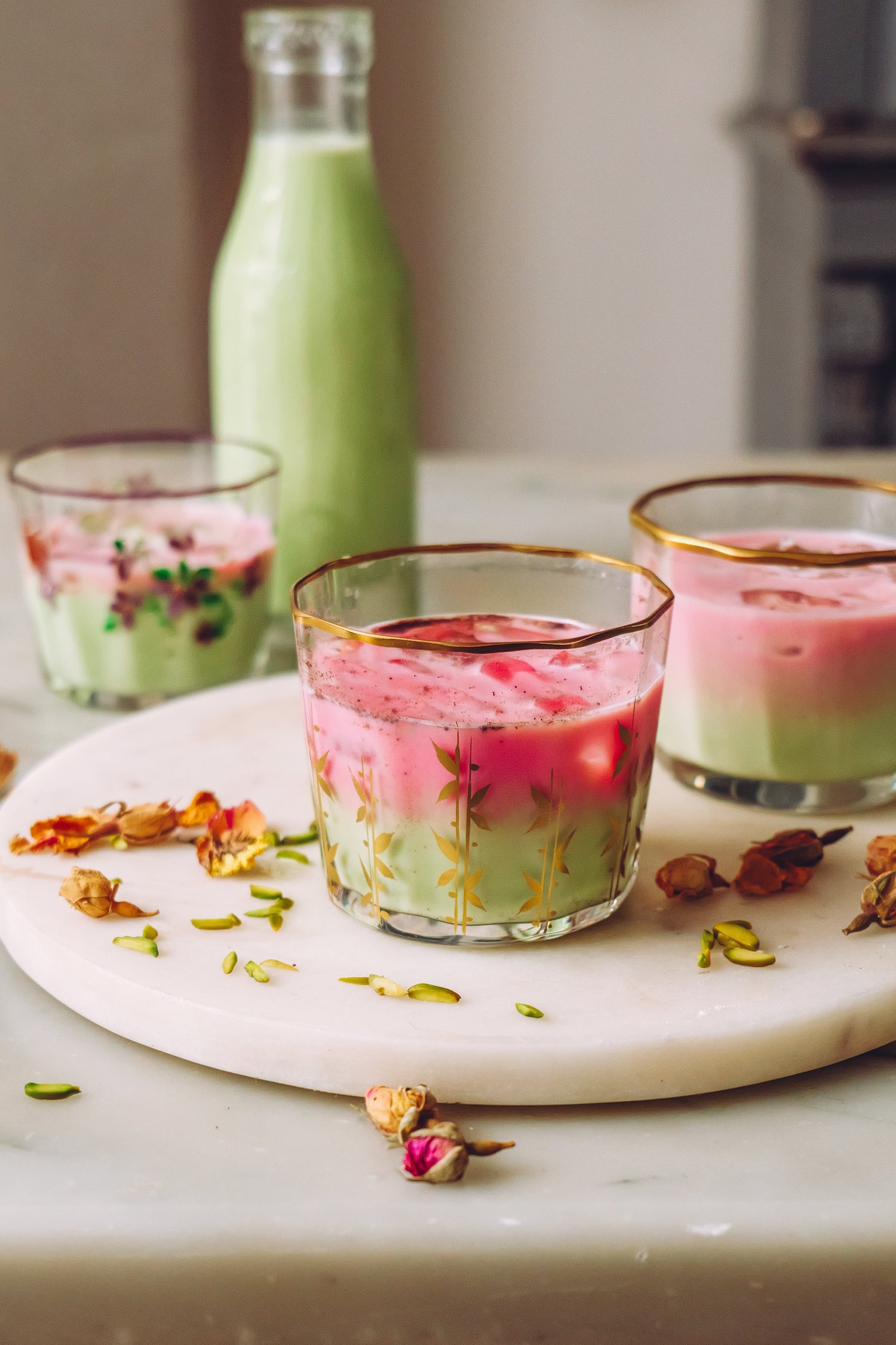 LOVE YOURSELF ICED Rose Matcha Latte with Pistachio Milk + Strawberry Cloud