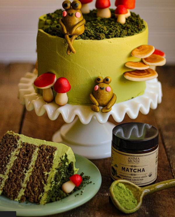 MATCHA CAKE WITH Edible Shrooms and Froggies