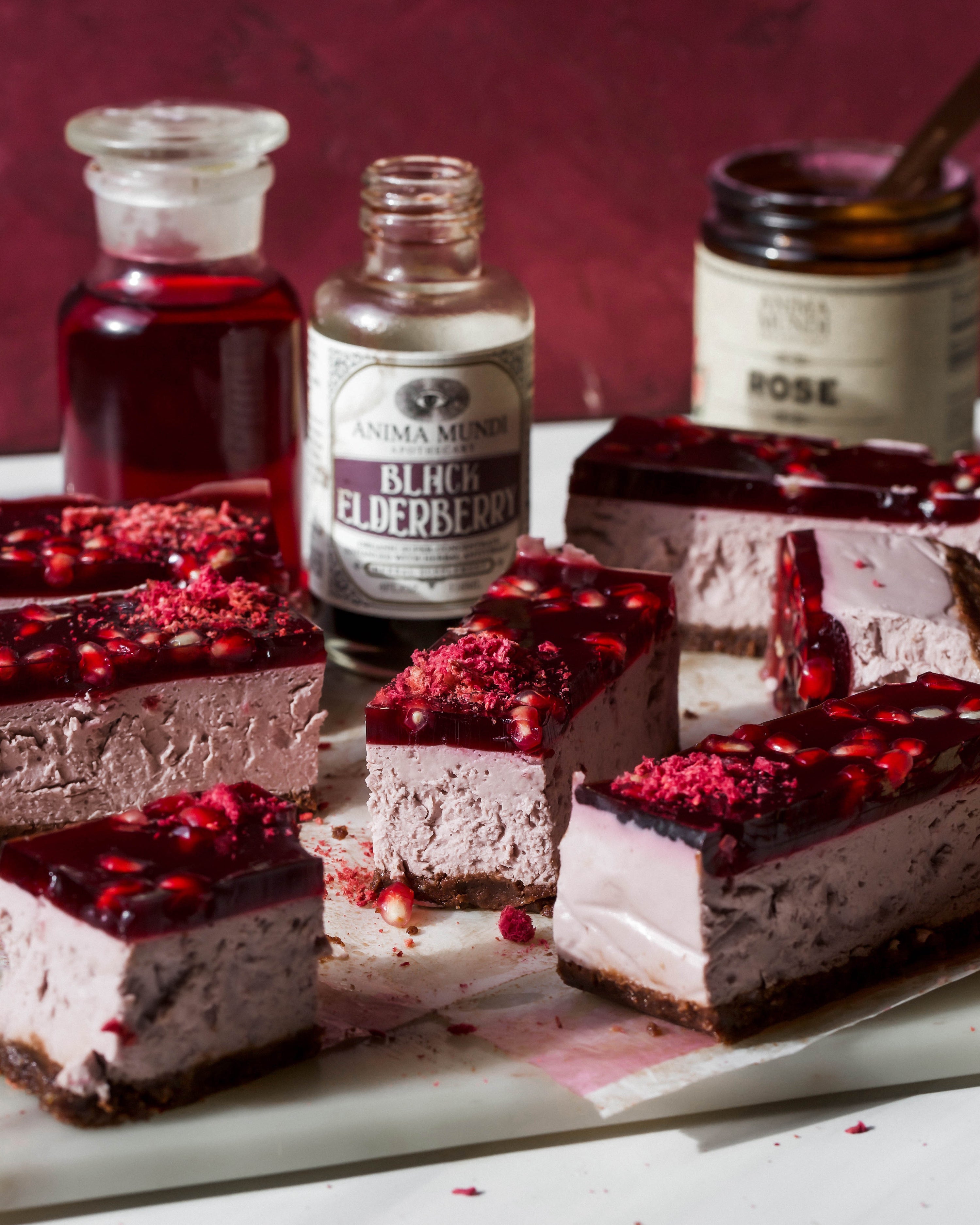 NO-BAKE POMEGRANATE ROSE Jelly Cheesecake With Elderberry