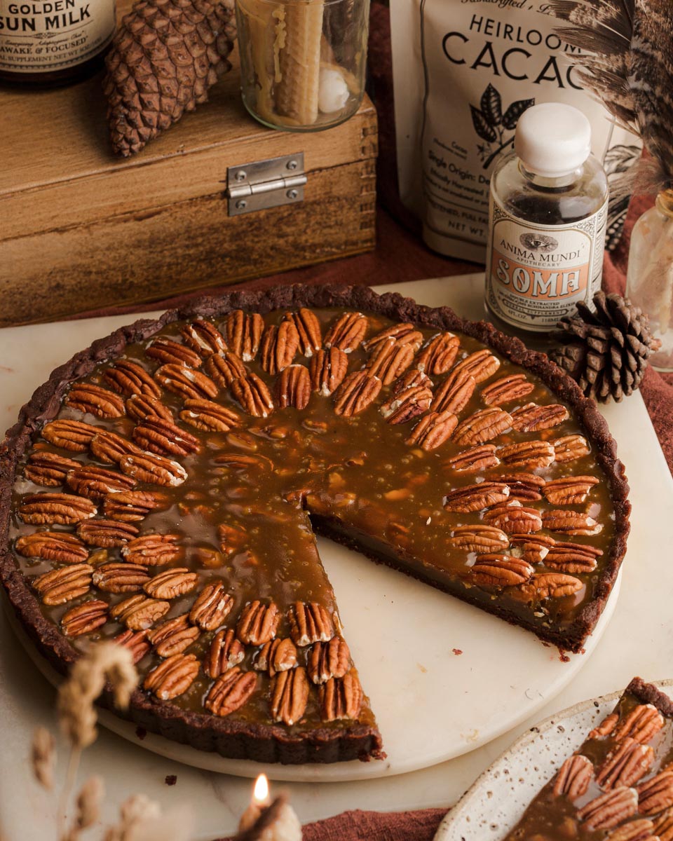 NO-BAKE PECAN-TAHINI Caramel Tart with Soma Elixir + Heirloom Cacao