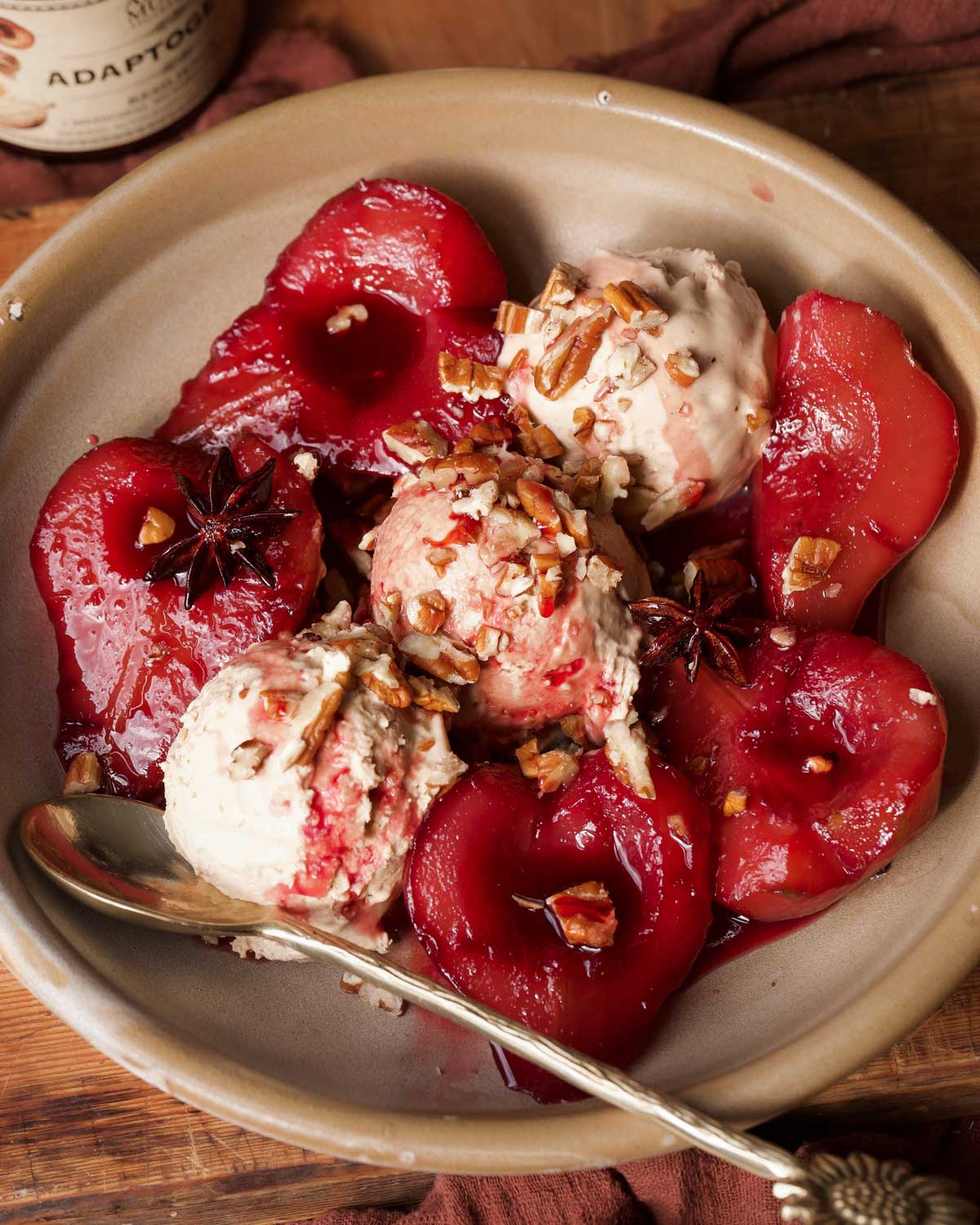 Chai Pomegranate Poached Pears with Vanilla Chai Honey Ice Cream