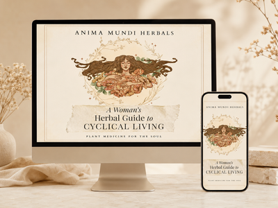 A desktop monitor and smartphone display the cover art for 'A Woman's Herbal Guide to Cyclical Living' by Anima Mundi Herbals, styled on a light beige surface with dried flowers and books in a warm, soft-focus setting.