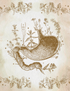 Vintage-style scientific illustration featuring a human stomach with a caterpillar wrapping around it, surrounded by botanical drawings on an aged beige background.