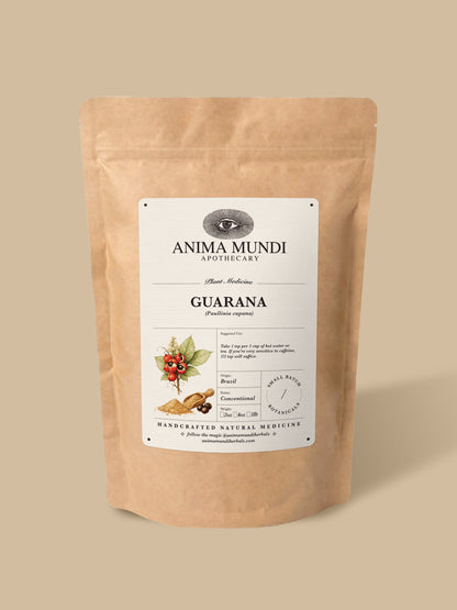 A kraft paper stand-up pouch of Anima Mundi Apothecary Guarana herbal supplement, shown on a solid beige background.