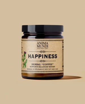 A jar of 'HAPPINESS Powder | Herbal "Coffee"' by Anima Mundi Apothecary, with a label featuring botanical illustrations and information about the product.