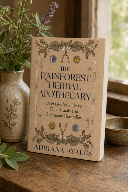 The Rainforest Herbal Apothecary book by Adriana Ayales, standing upright on a rustic wooden table next to a ceramic vase with green plants.